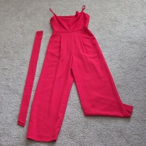 ANTONIO MELANI Vibrant Red Wide-Leg Spaghetti Strap Jumpsuit with Sash